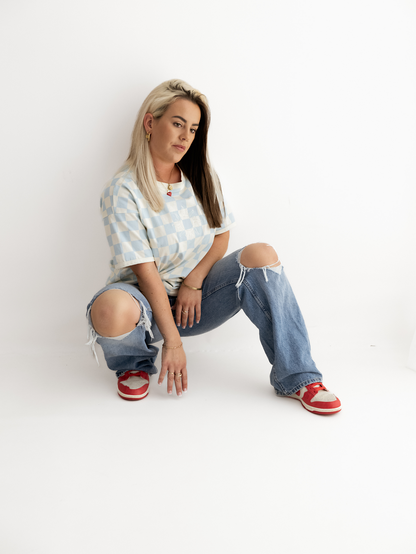 Oversized Checked T-Shirt – Cream & Blue Adults