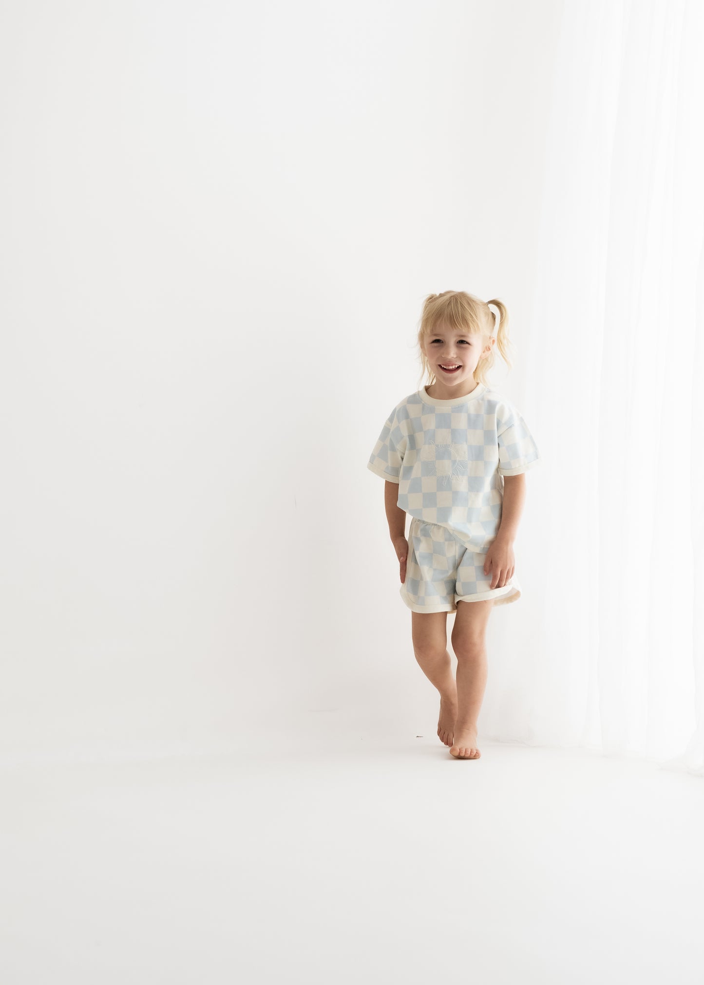 checked blue and cream set
