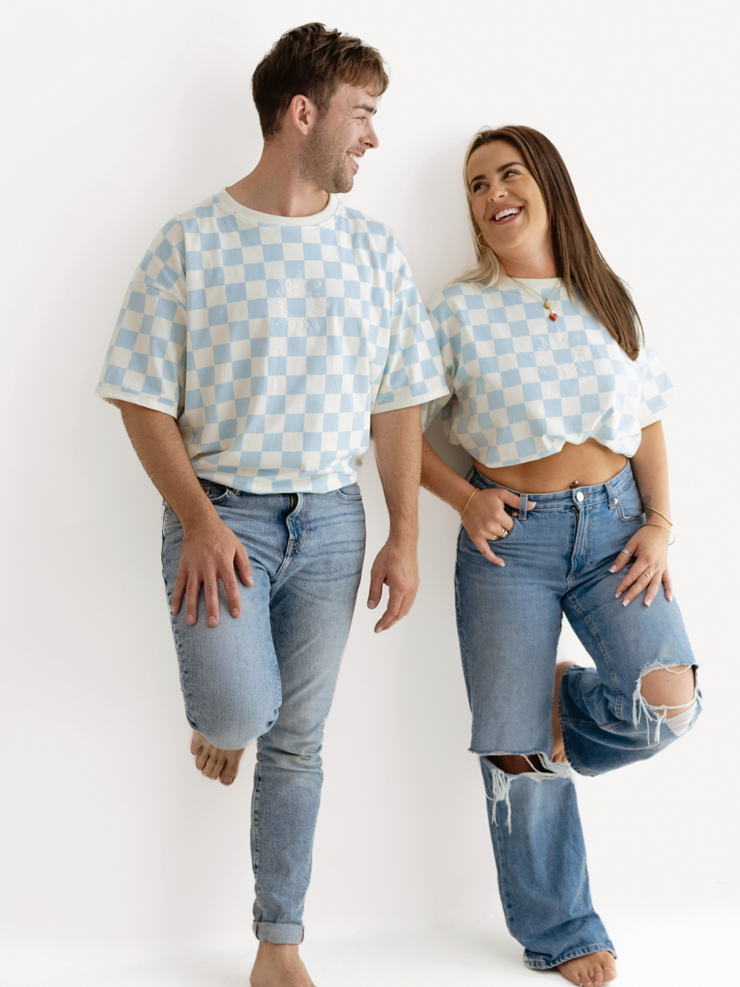 Oversized Checked T-Shirt – Cream & Blue Adults
