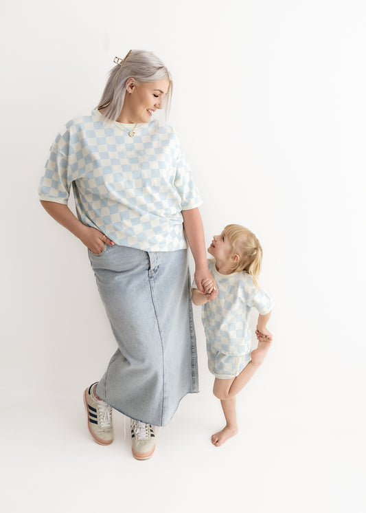 Oversized Checked T-Shirt – Cream & Blue Adults PRE ORDER